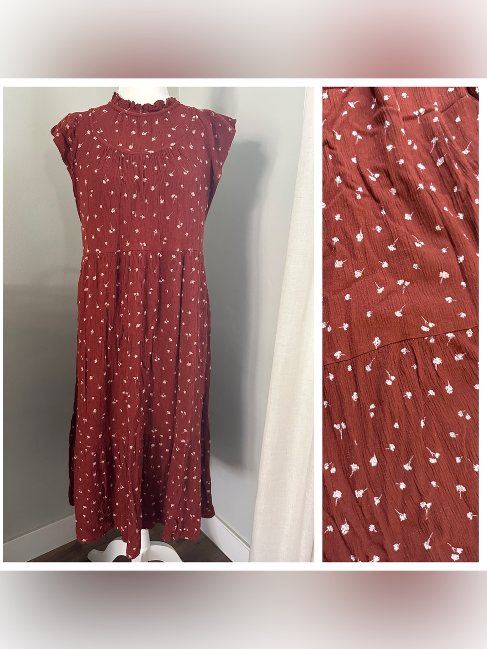 Universal Thread Women's Midi Dress, Rust Red w/ White Floral, Modest, Small
